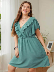 Plus Size Swiss Dot Ruffled Trim Butterfly Sleeves Dress