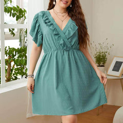 Plus Size Swiss Dot Ruffled Trim Butterfly Sleeves Dress