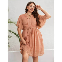 Plus Size Tie Waist Notched Neck Flutter Sleeves Dress