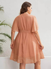 Plus Size Tie Waist Notched Neck Flutter Sleeves Dress