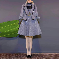 Plus Size Two-Piece Sequin Jacket High Waist Flared Dress