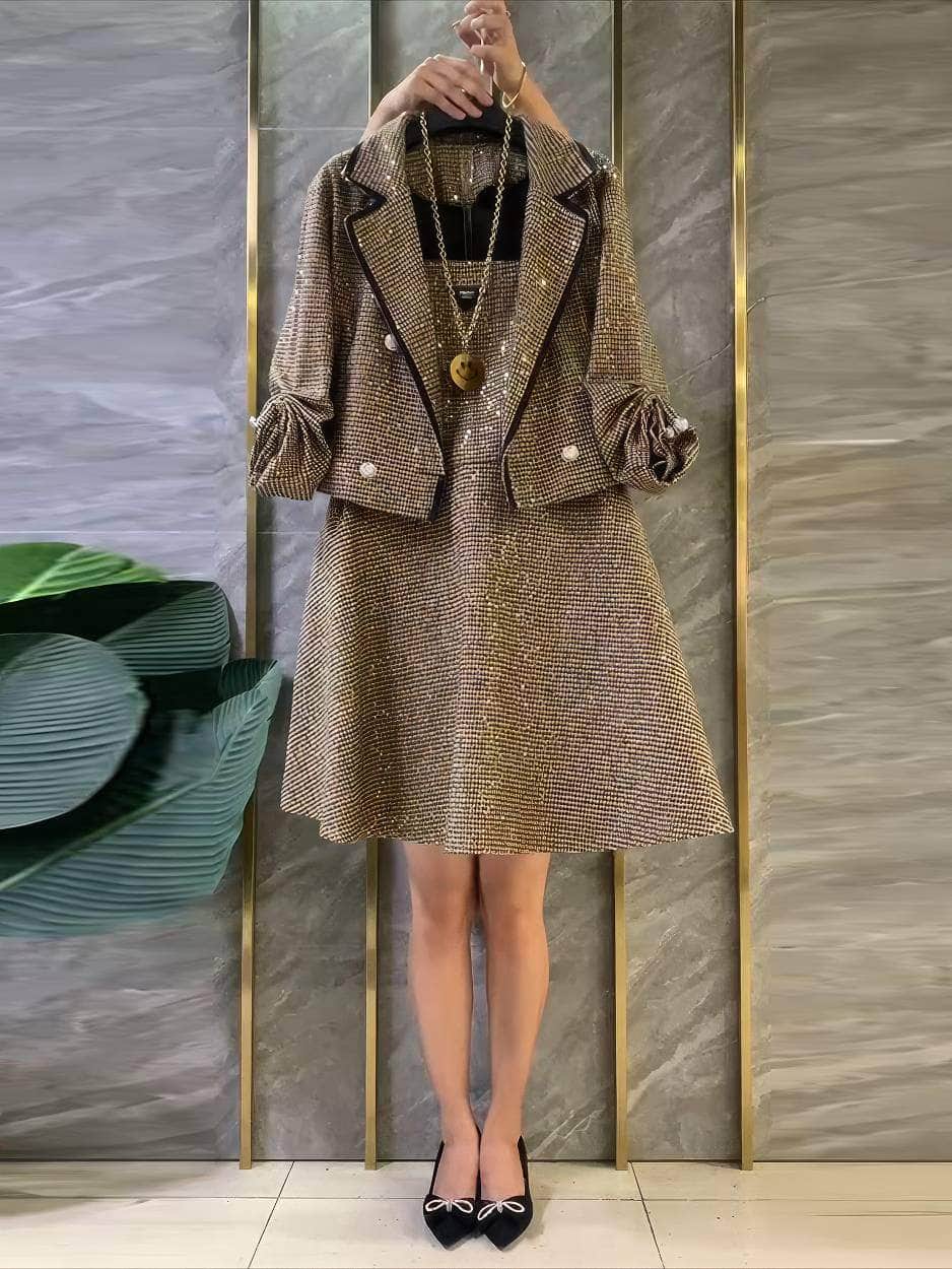 Plus Size Two-Piece Sequin Jacket High Waist Flared Dress US 16-18 / Gold