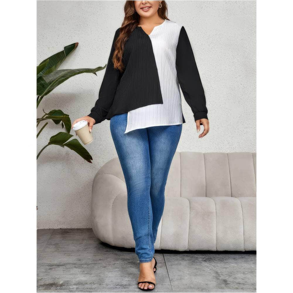 Plus Size Two-Tone Asymmetrical Hem Blouse