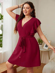 Plus Size V Neck Front Button Butterfly Sleeve Belted Dress