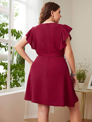 Plus Size V Neck Front Button Butterfly Sleeve Belted Dress