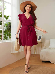 Plus Size V Neck Front Button Butterfly Sleeve Belted Dress