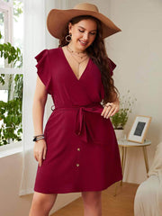 Plus Size V Neck Front Button Butterfly Sleeve Belted Dress US 16-18 / Red