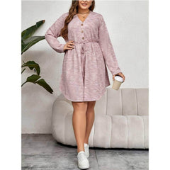 Plus Size V-Neck Sash Waist Sweater Long Sleeve Dress