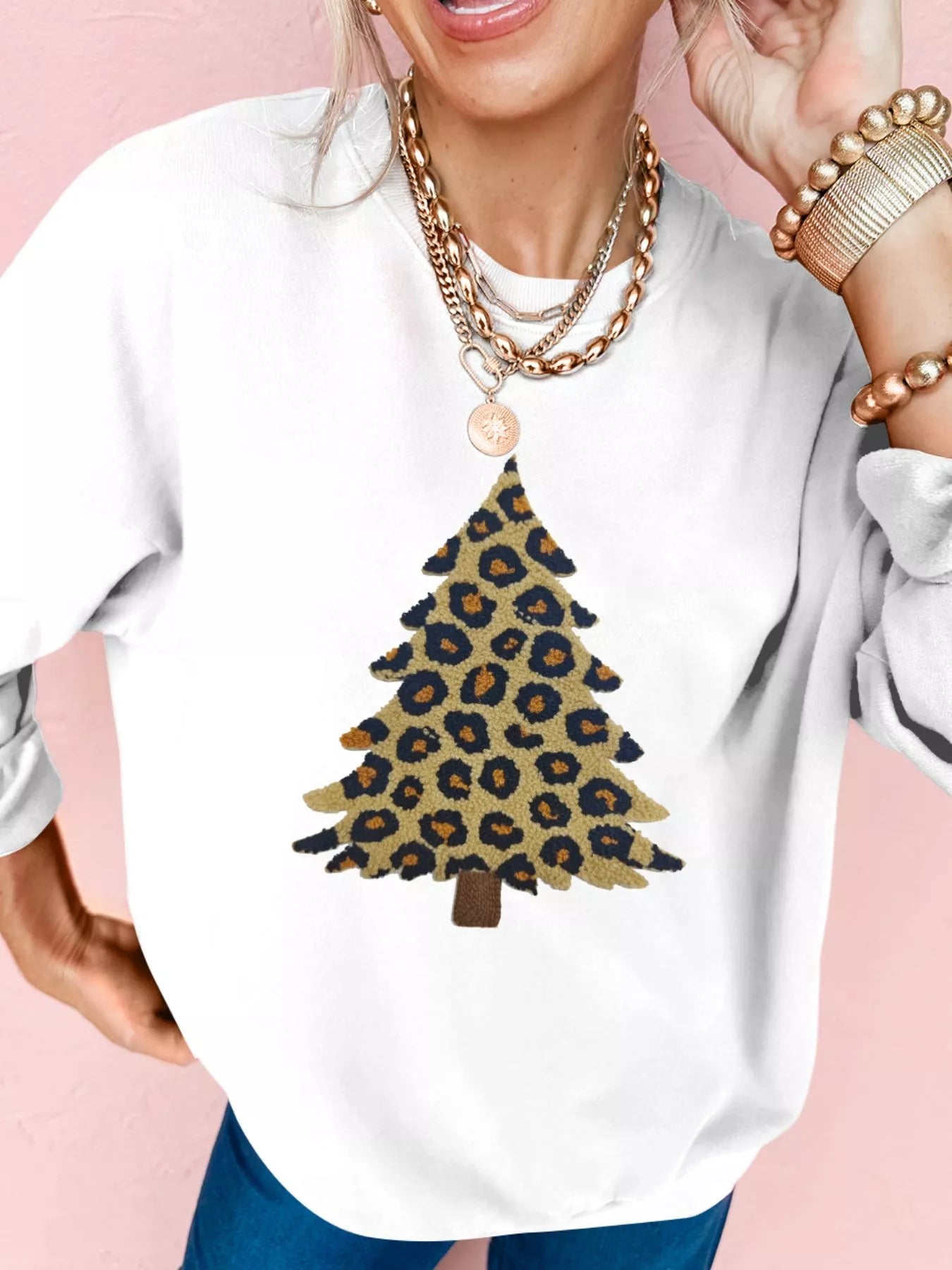 Plush Leopard Tree Patched Drop Shoulder Sweatshirt