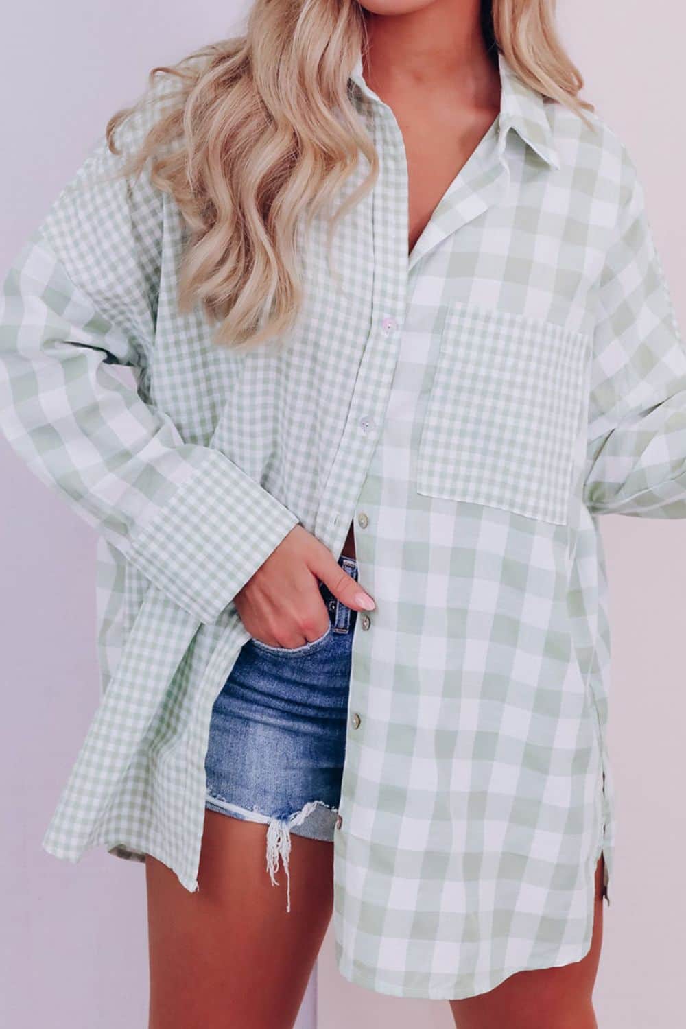 Pocketed Plaid Collared Neck Long Sleeve Shirt Sage / S