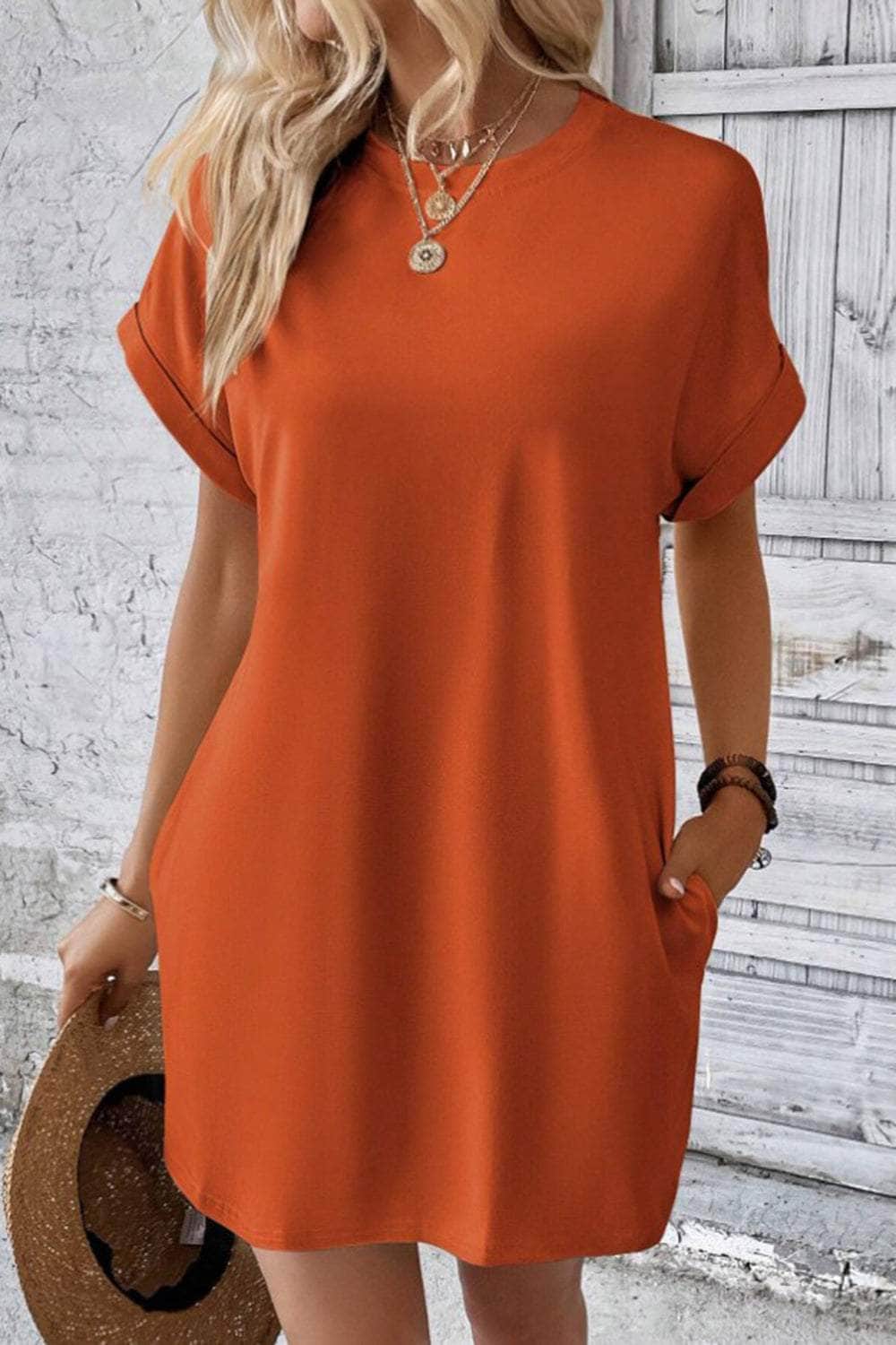 Pocketed Round Neck Short Sleeve Dress