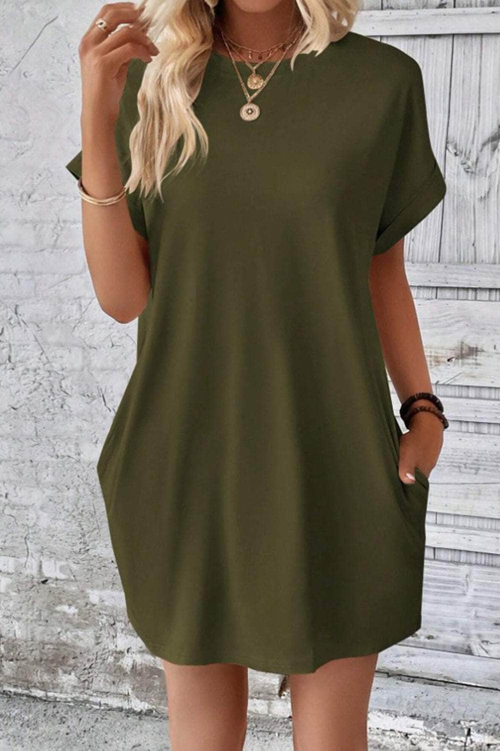 Pocketed Round Neck Short Sleeve Dress Army Green / S