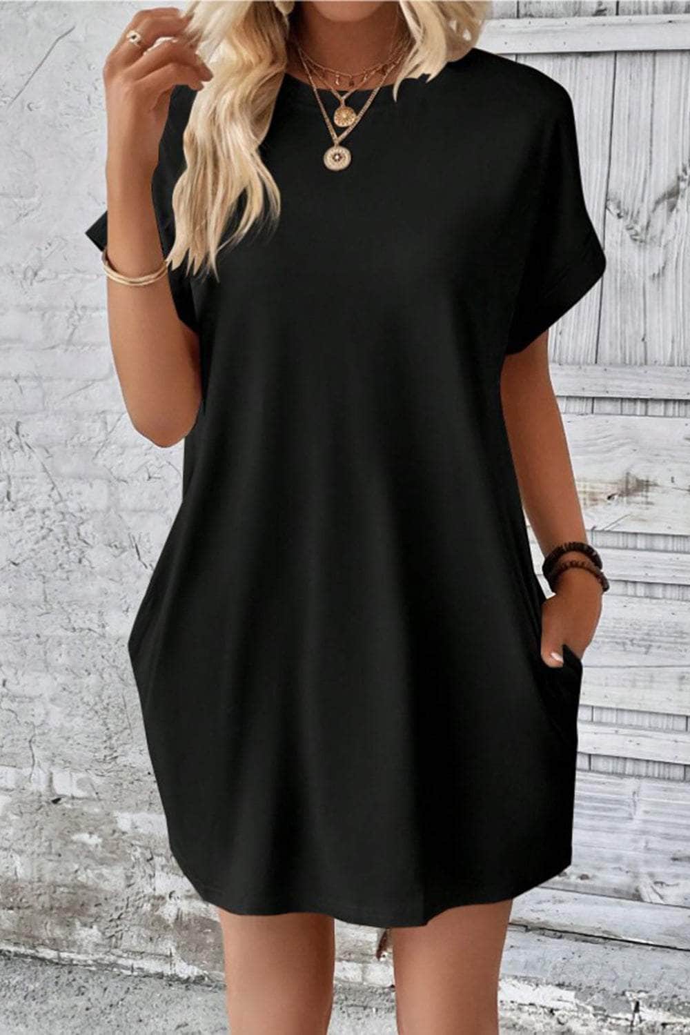 Pocketed Round Neck Short Sleeve Dress Black / S