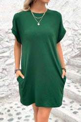 Pocketed Round Neck Short Sleeve Dress Green / S