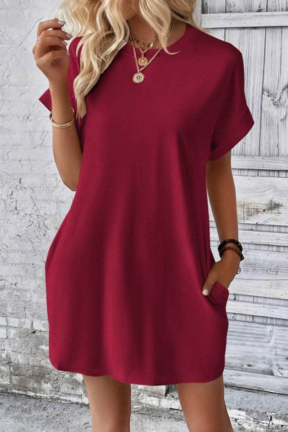 Pocketed Round Neck Short Sleeve Dress Wine / S