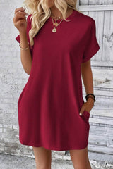 Pocketed Round Neck Short Sleeve Dress Wine / S
