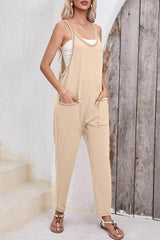 Pocketed Scoop Neck Spaghetti Strap Overalls Tan / M