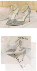 Pointed Toes Crystal Embellished Ankle Strap Stilettos
