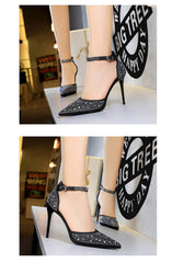 Pointed Toes Crystal Embellished Ankle Strap Stilettos