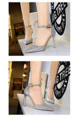 Pointed Toes Crystal Embellished Ankle Strap Stilettos