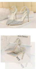 Pointed Toes Crystal Embellished Ankle Strap Stilettos