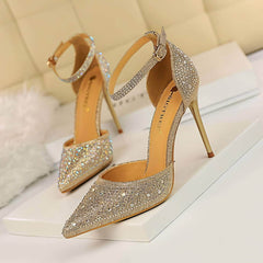 Pointed Toes Crystal Embellished Ankle Strap Stilettos