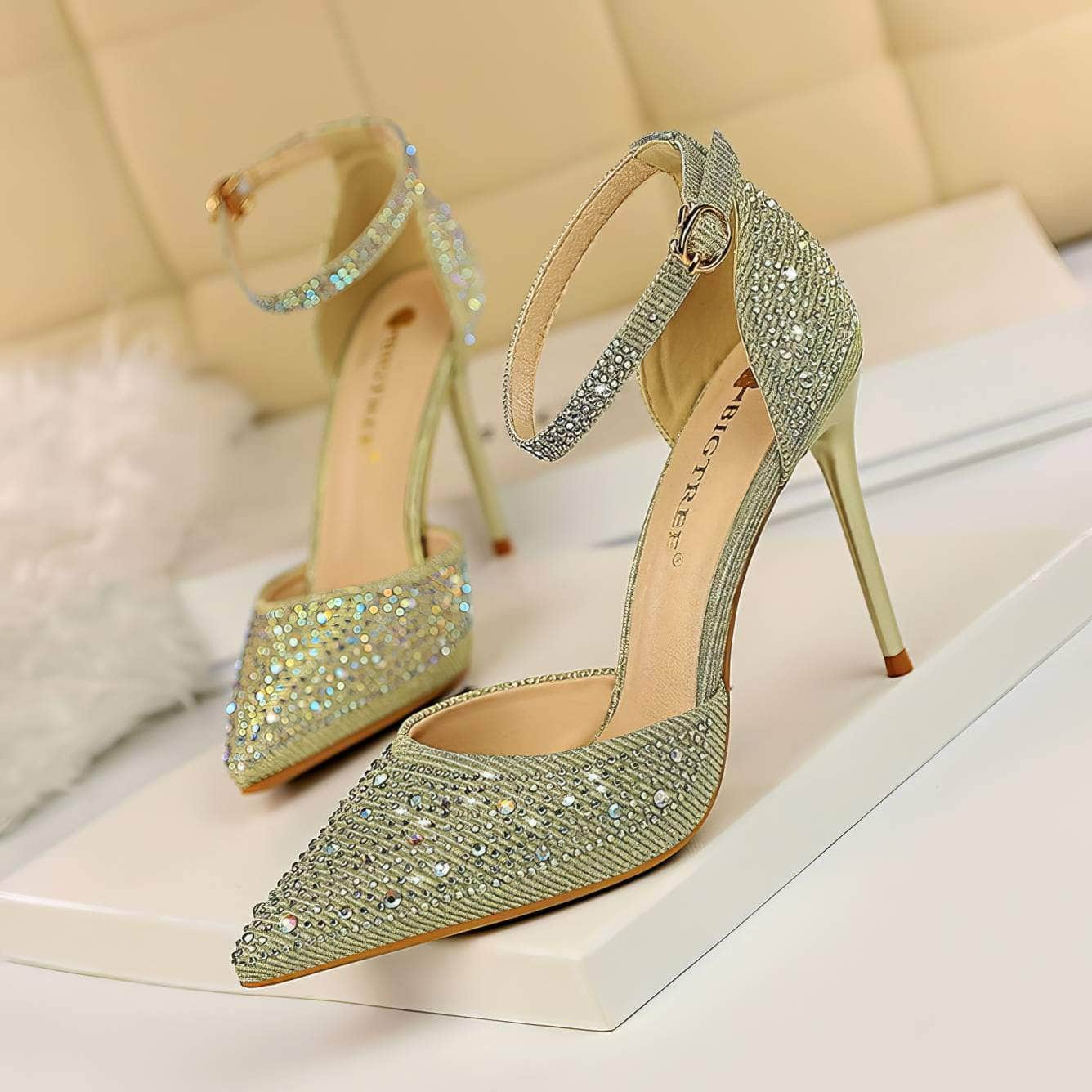 Pointed Toes Crystal Embellished Ankle Strap Stilettos