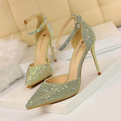 Pointed Toes Crystal Embellished Ankle Strap Stilettos