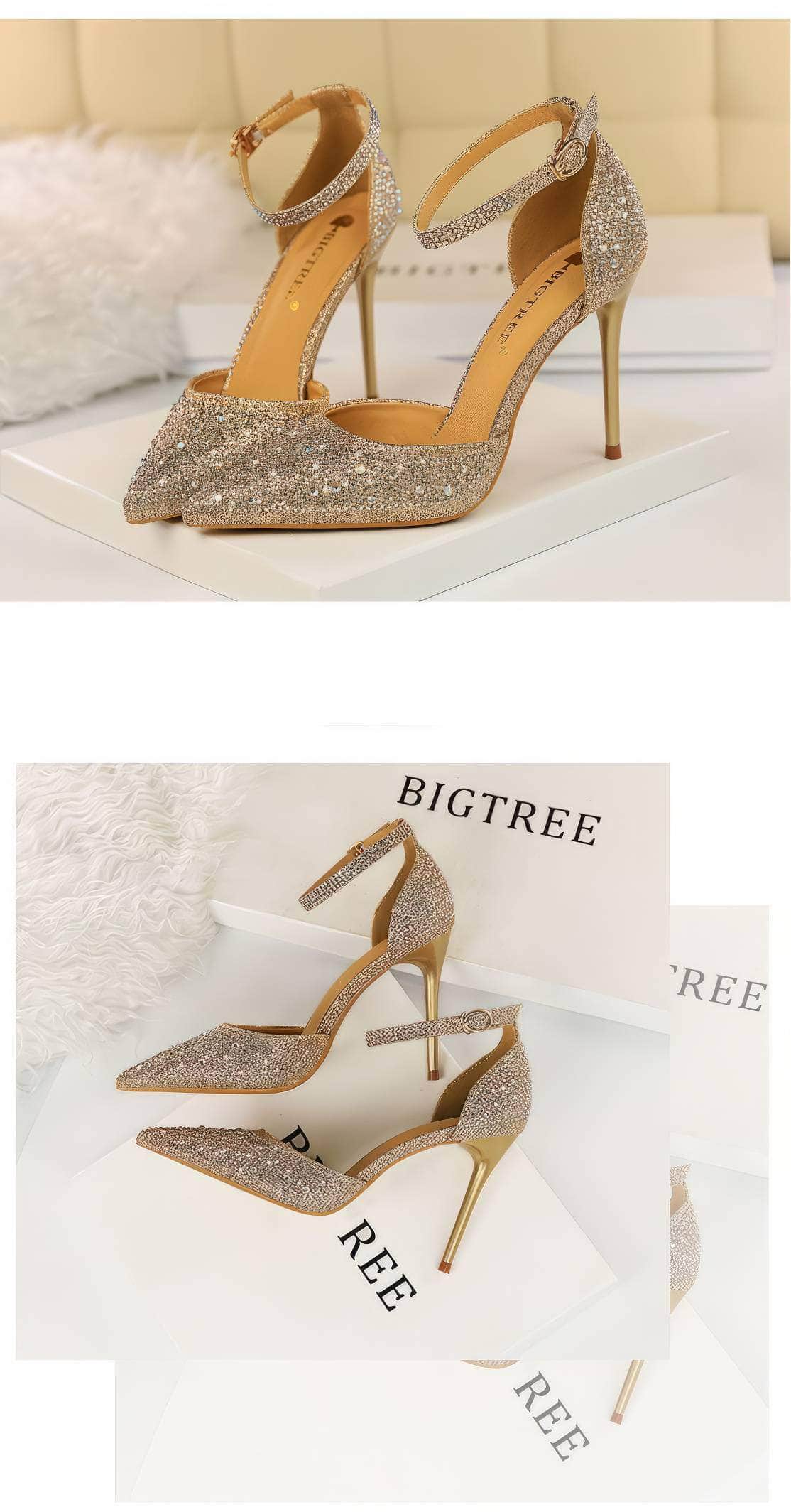 Pointed Toes Crystal Embellished Ankle Strap Stilettos