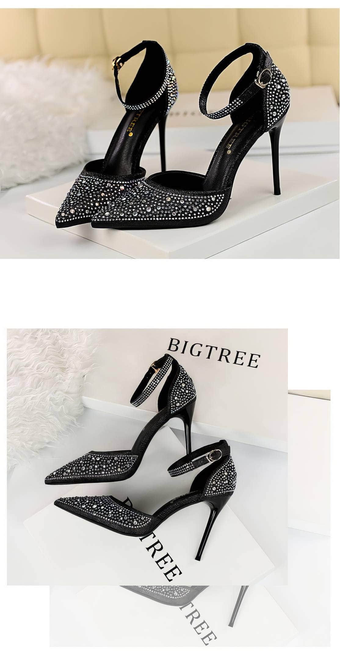 Pointed Toes Crystal Embellished Ankle Strap Stilettos