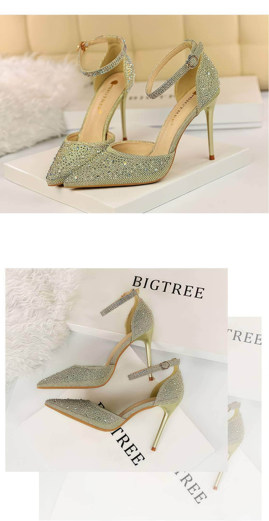 Pointed Toes Crystal Embellished Ankle Strap Stilettos