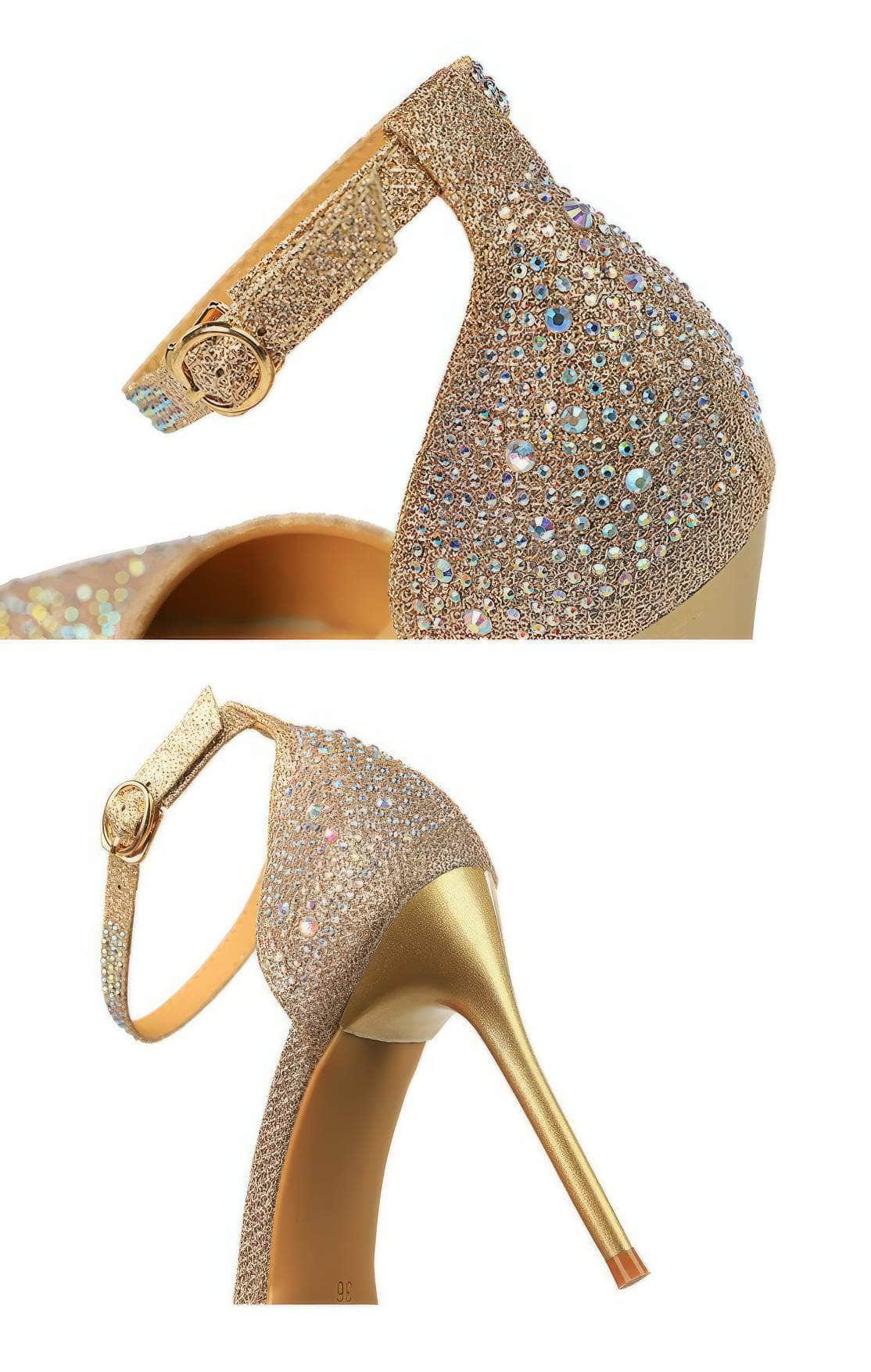 Pointed Toes Crystal Embellished Ankle Strap Stilettos