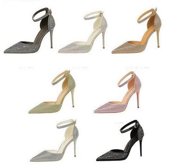 Pointed Toes Crystal Embellished Ankle Strap Stilettos
