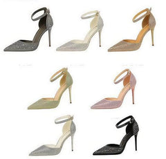Pointed Toes Crystal Embellished Ankle Strap Stilettos