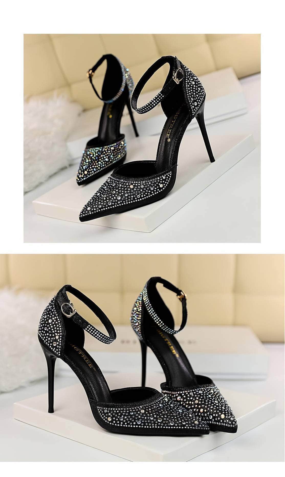 Pointed Toes Crystal Embellished Ankle Strap Stilettos
