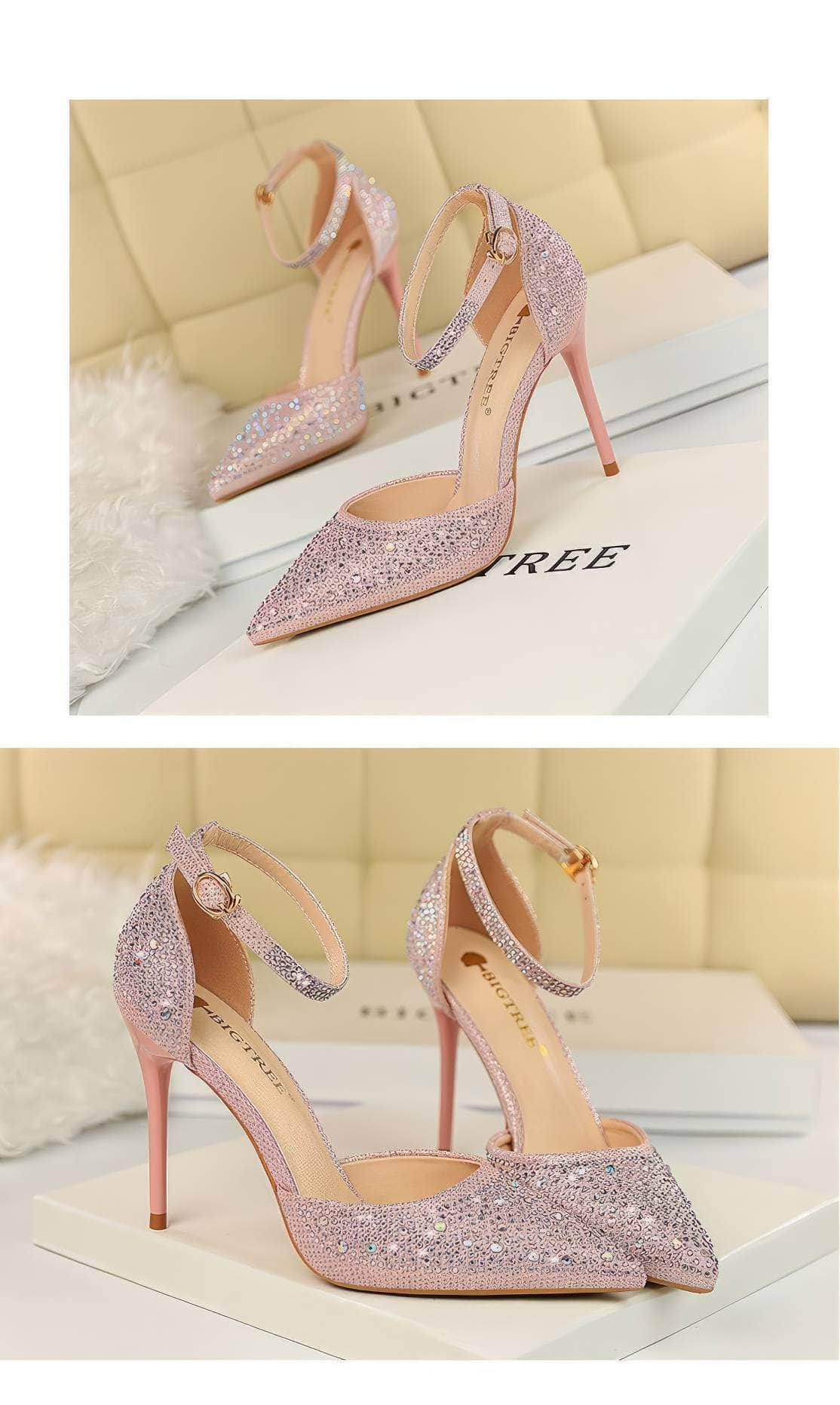 Pointed Toes Crystal Embellished Ankle Strap Stilettos