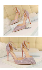 Pointed Toes Crystal Embellished Ankle Strap Stilettos