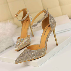 Pointed Toes Crystal Embellished Ankle Strap Stilettos EU 33 / Gold / 10CM