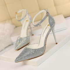 Pointed Toes Crystal Embellished Ankle Strap Stilettos EU 33 / Silver / 10CM