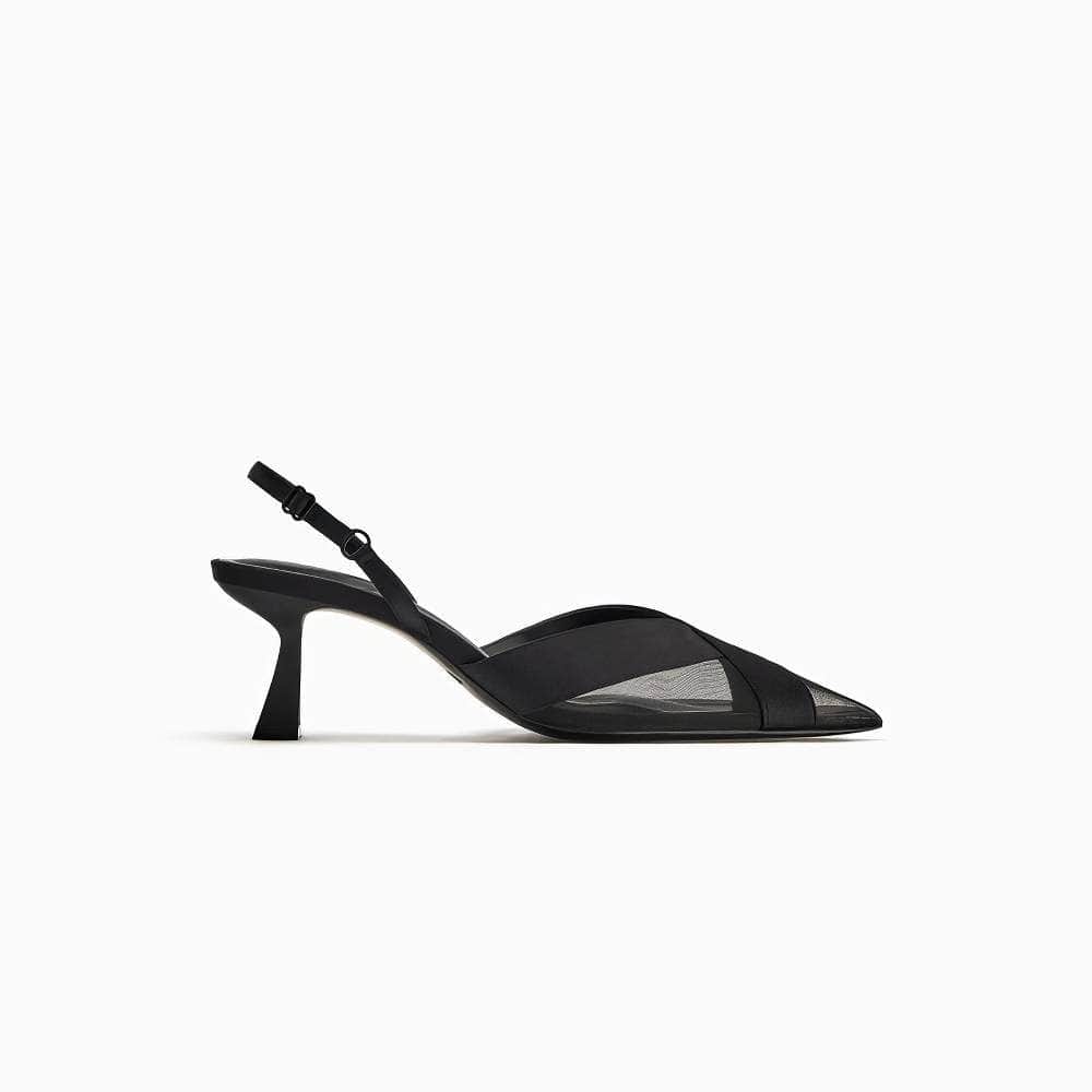 Pointy Toe Mesh Detailed Slingback Sandal Heels