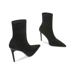 Pointy Toe Metal Bead Studded Suede Boots