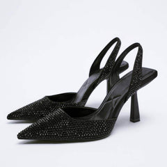 Pointy Toe Rhinestone Embellished Slingback Heels EU 34 / Black / 9.2CM