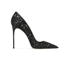 Pointy Toe Sequin Detailed Stiletto Heels EU 33 / Black / 6CM