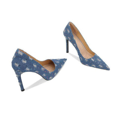 Pointy Toes Crystal Embellished Denim Sequin Stiletto Heels
