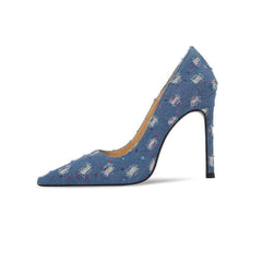Pointy Toes Crystal Embellished Denim Sequin Stiletto Heels
