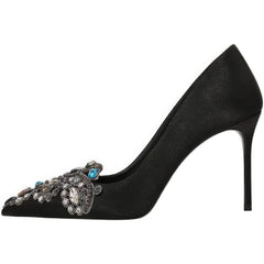 Pointy Toes Rhinestone Embellished Satin Pump Heels