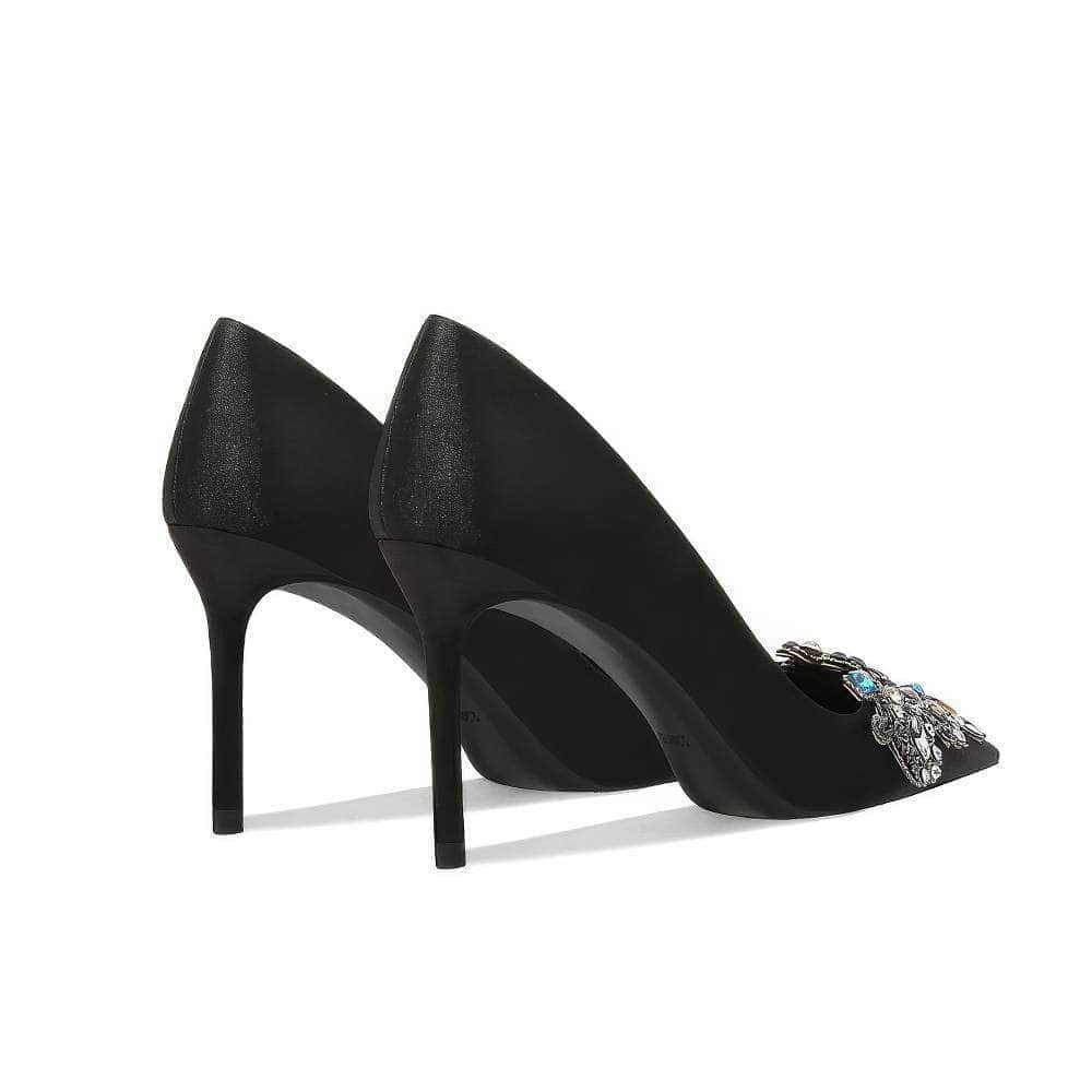 Pointy Toes Rhinestone Embellished Satin Pump Heels
