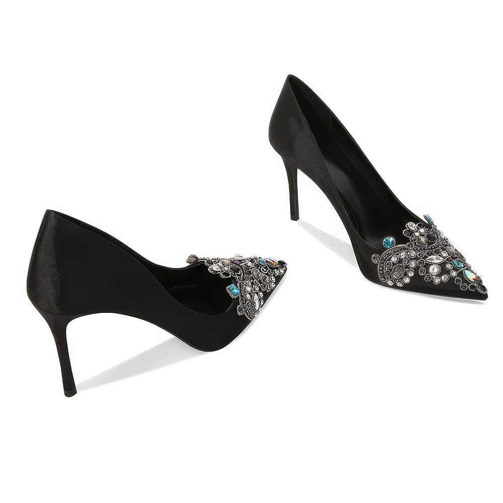 Pointy Toes Rhinestone Embellished Satin Pump Heels
