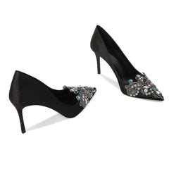 Pointy Toes Rhinestone Embellished Satin Pump Heels