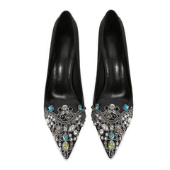 Pointy Toes Rhinestone Embellished Satin Pump Heels